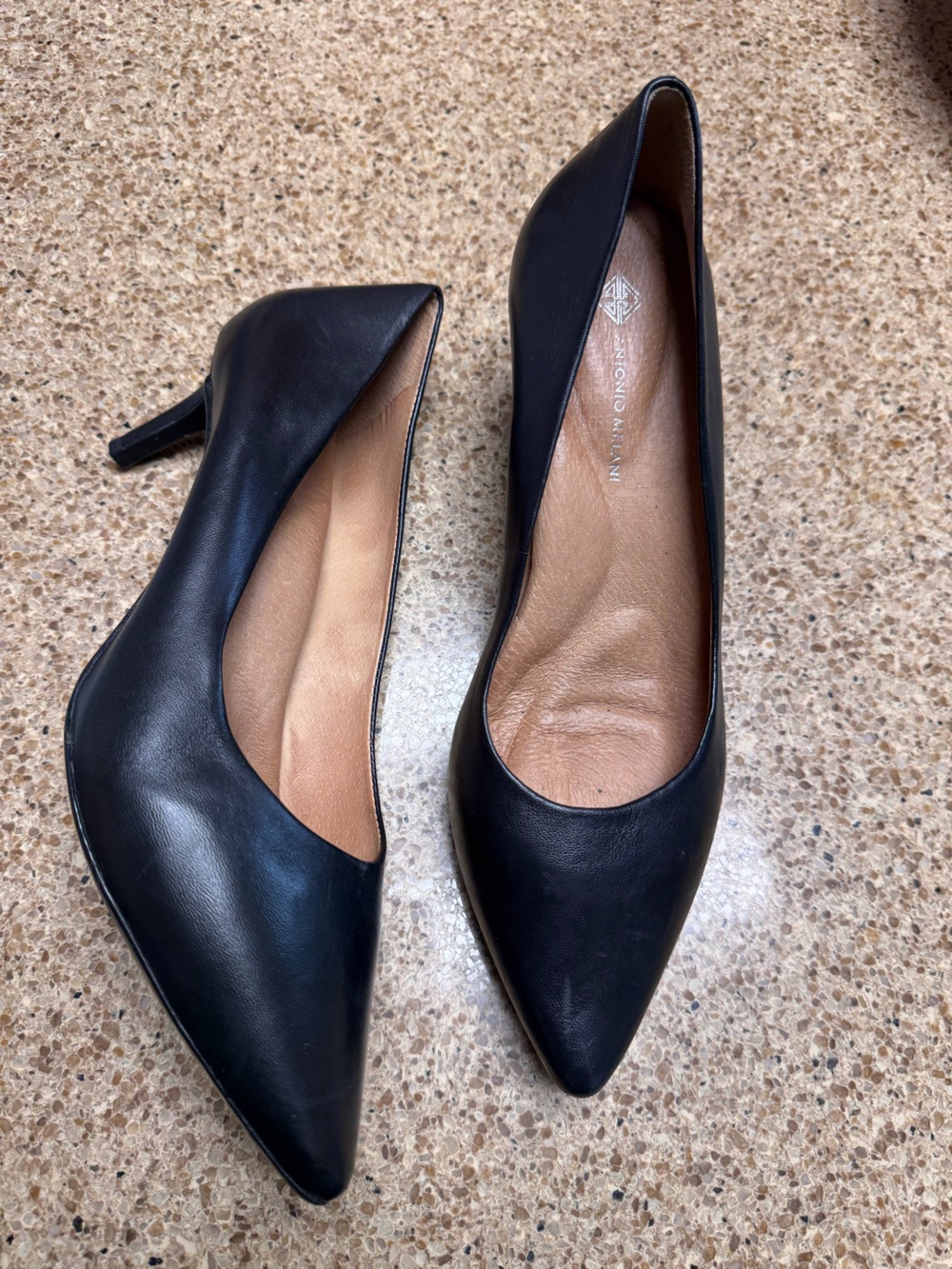 Antonio Melani Pointed Toe Black Leather Heels